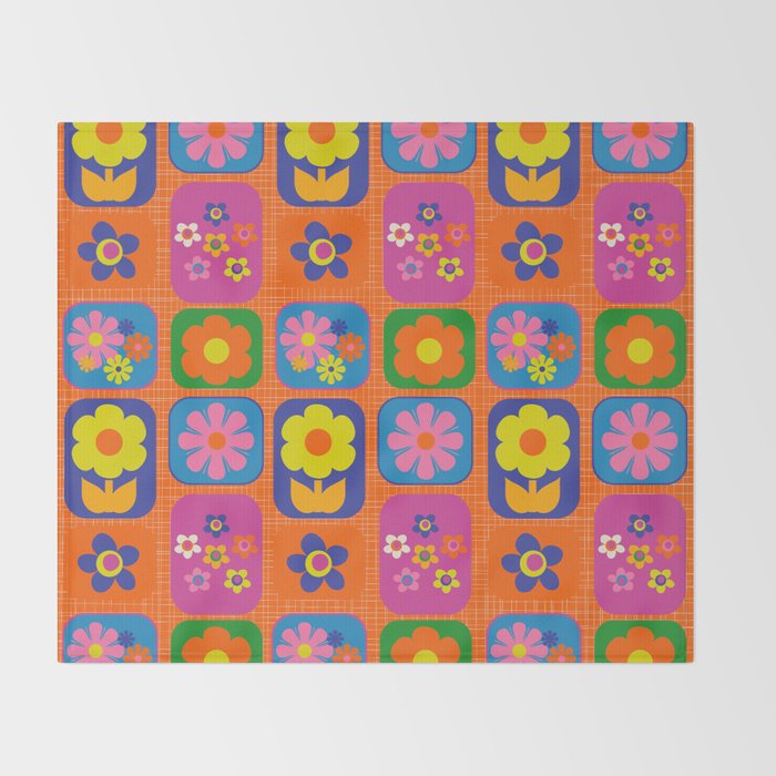 Retro Flower Patch Cute & Colorful Pattern on Orange Throw Blanket Gallery Image 2
