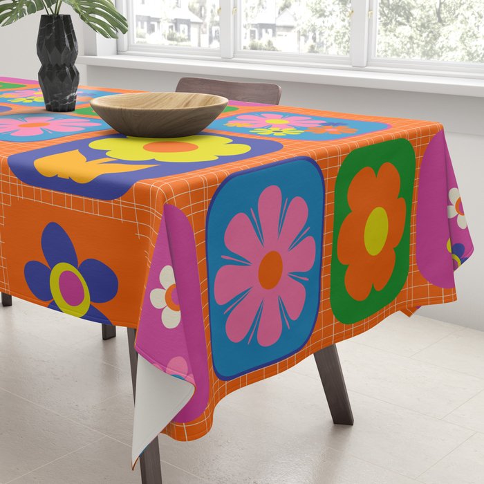 Retro Flower Patch Cute & Colorful Pattern on Orange Tablecloth Gallery Image 3