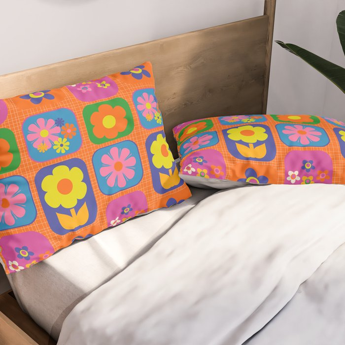 Retro Flower Patch Cute & Colorful Pattern on Orange Pillow Sham Gallery Image 2
