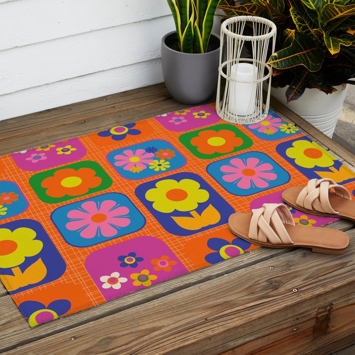 Retro Flower Patch Cute & Colorful Pattern on Orange Outdoor Rug Gallery Image 2