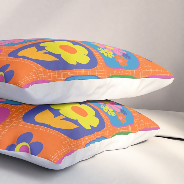 Retro Flower Patch Cute & Colorful Pattern on Orange Pillow Sham Gallery Image 3