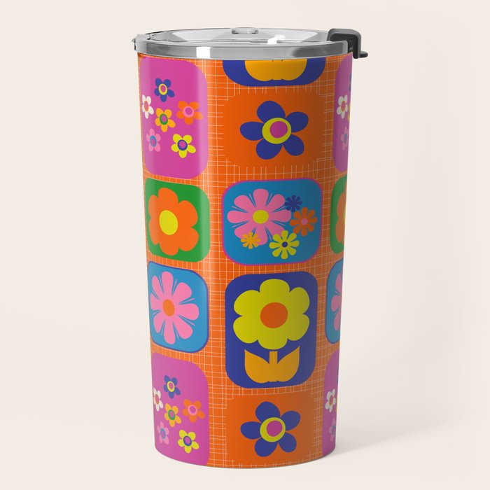 Retro Flower Patch Cute & Colorful Pattern on Orange Travel Mug Gallery Image 2