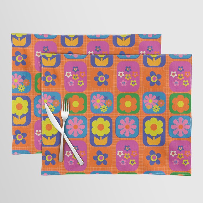 Retro Flower Patch Cute & Colorful Pattern on Orange Placemat Gallery Image 1