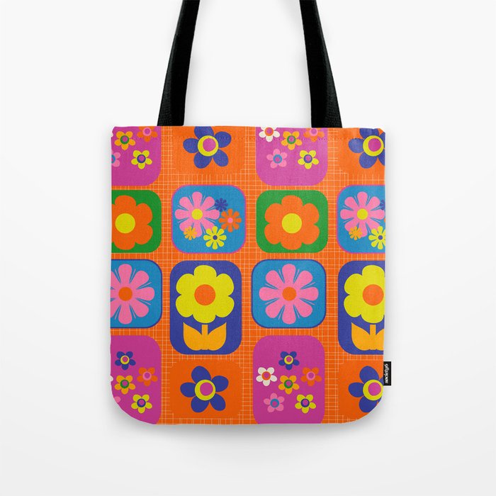 Retro Flower Patch Cute & Colorful Pattern on Orange Tote Bag Gallery Image 1