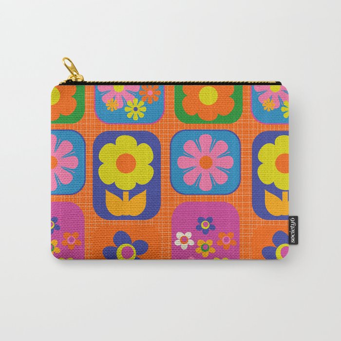 Retro Flower Patch Cute & Colorful Pattern on Orange Carry All Pouch Gallery Image 1
