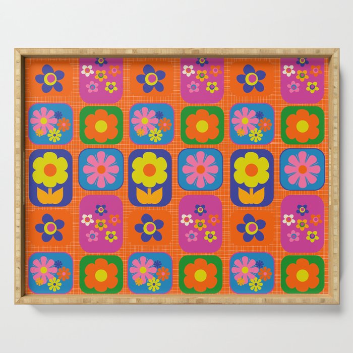 Retro Flower Patch Cute & Colorful Pattern on Orange Serving Tray Gallery Image 1