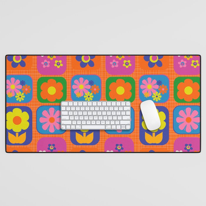 Retro Flower Patch Cute & Colorful Pattern on Orange Desk Mat Gallery Image 1