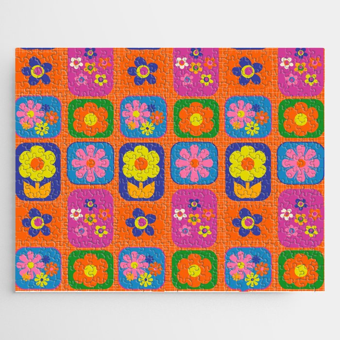 Retro Flower Patch Cute & Colorful Pattern on Orange Jigsaw Puzzle Gallery Image 1