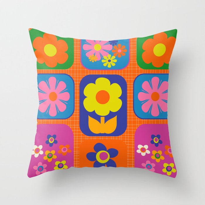 Retro Flower Patch Cute & Colorful Pattern on Orange Throw Pillow Gallery Image 1