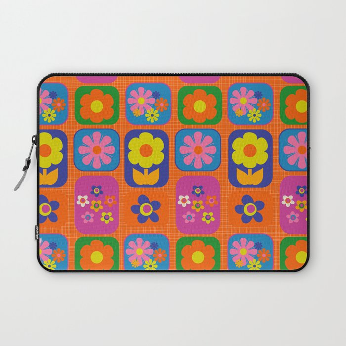 Retro Flower Patch Cute & Colorful Pattern on Orange Laptop Sleeve Gallery Image 1