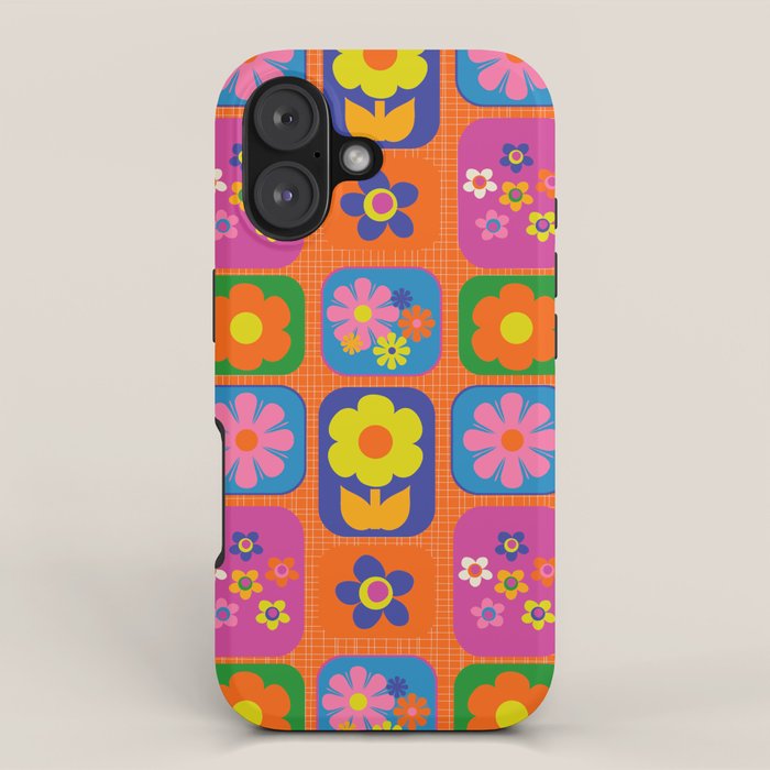 Retro Flower Patch Cute & Colorful Pattern on Orange iPhone Case Gallery Image 1