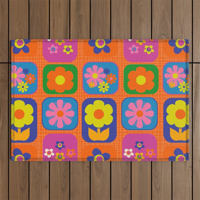 Retro Flower Patch Cute & Colorful Pattern on Orange Outdoor Rug Gallery Image 1