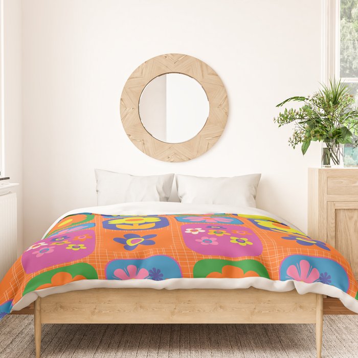 Retro Flower Patch Cute & Colorful Pattern on Orange Duvet Cover Gallery Image 3