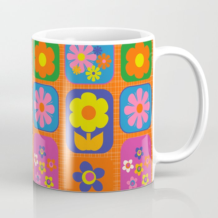 Retro Flower Patch Cute & Colorful Pattern on Orange Coffee Mug Gallery Image 1