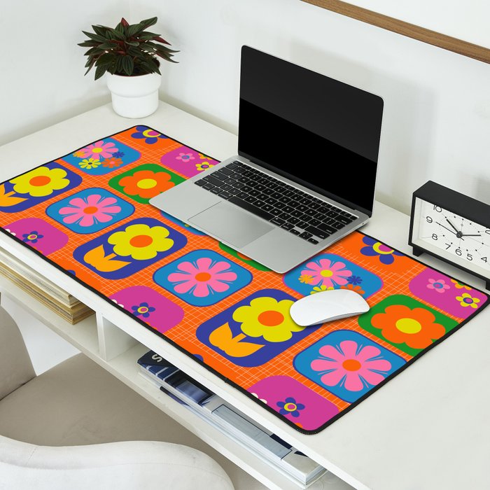 Retro Flower Patch Cute & Colorful Pattern on Orange Desk Mat Gallery Image 2