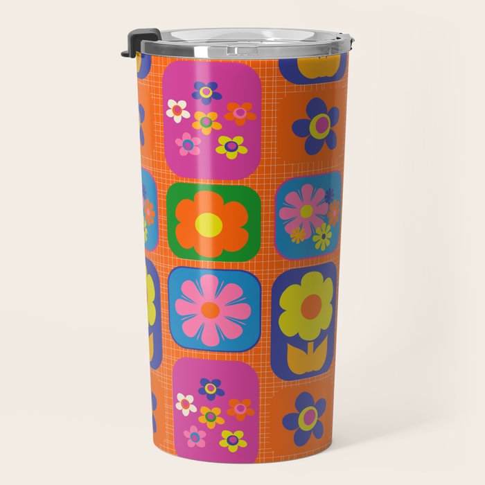 Retro Flower Patch Cute & Colorful Pattern on Orange Travel Mug Gallery Image 3
