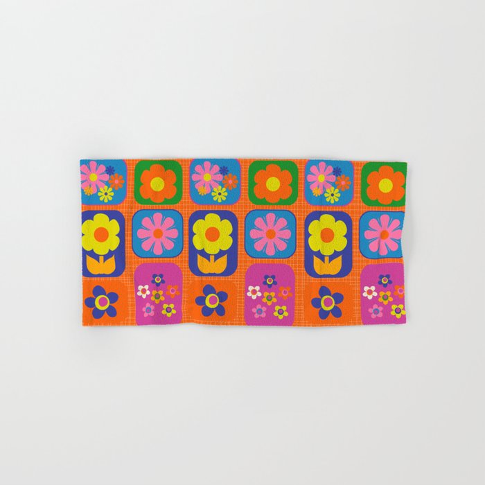 Retro Flower Patch Cute & Colorful Pattern on Orange Bath Towel Gallery Image 1