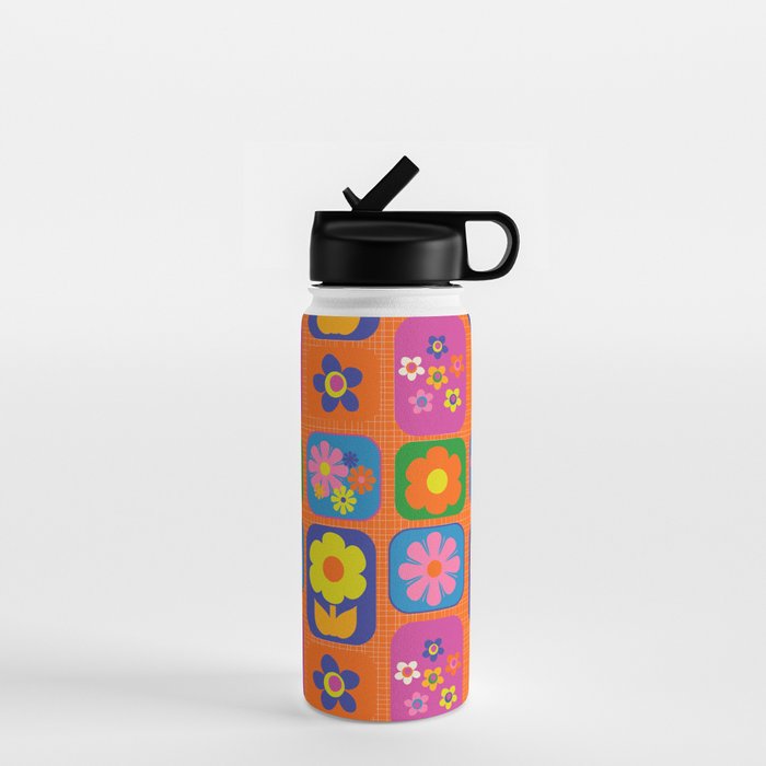 Retro Flower Patch Cute & Colorful Pattern on Orange Water Bottle Gallery Image 1