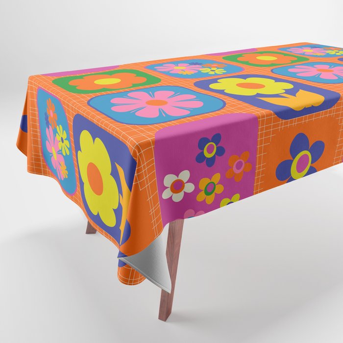 Retro Flower Patch Cute & Colorful Pattern on Orange Tablecloth Gallery Image 1