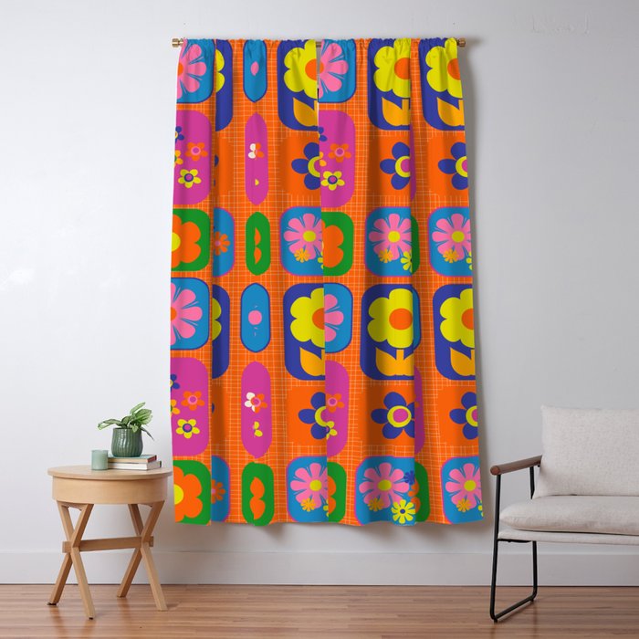 Retro Flower Patch Cute & Colorful Pattern on Orange Window Curtain Gallery Image 5