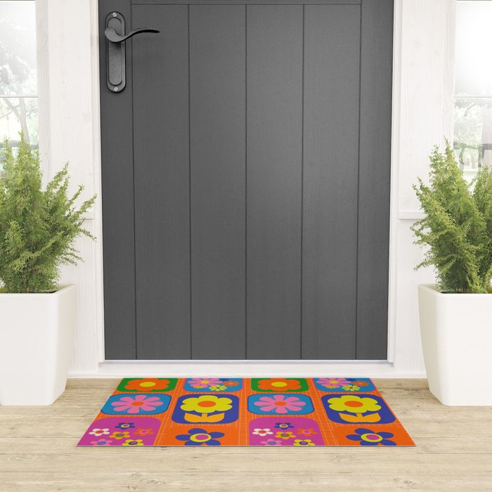 Retro Flower Patch Cute & Colorful Pattern on Orange Welcome Mat Gallery Image 3