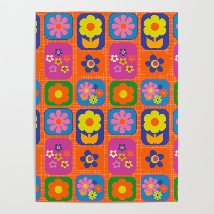 Retro Flower Patch Cute & Colorful Pattern on Orange Poster Gallery Image 1