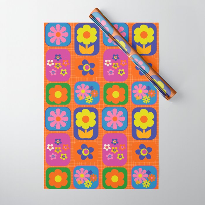 Retro Flower Patch Cute & Colorful Pattern on Orange Wrapping Paper Gallery Image 1
