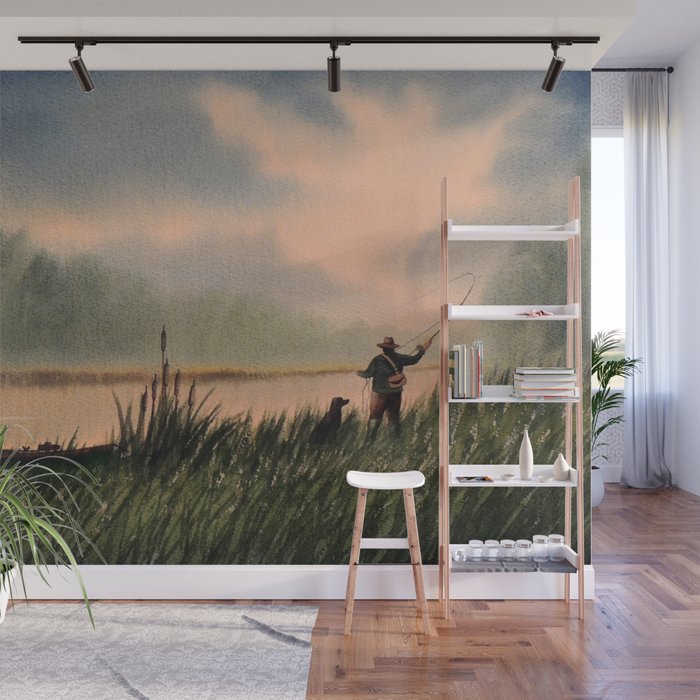 The Fly Fisherman With His Loyal Friend Wall Mural Gallery Image 1