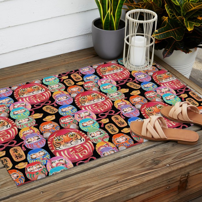 Japanese Tiger Daruma with small Darumas Outdoor Rug Gallery Image 2