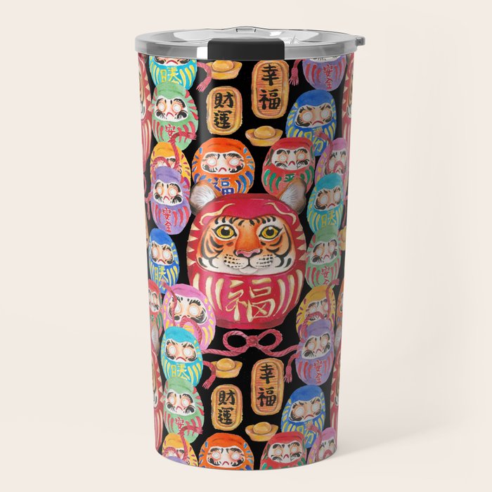 Japanese Tiger Daruma with small Darumas Travel Mug Gallery Image 1