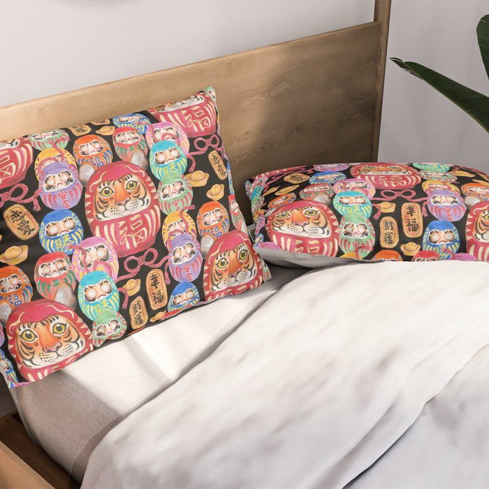 Japanese Tiger Daruma with small Darumas Pillow Sham Gallery Image 2