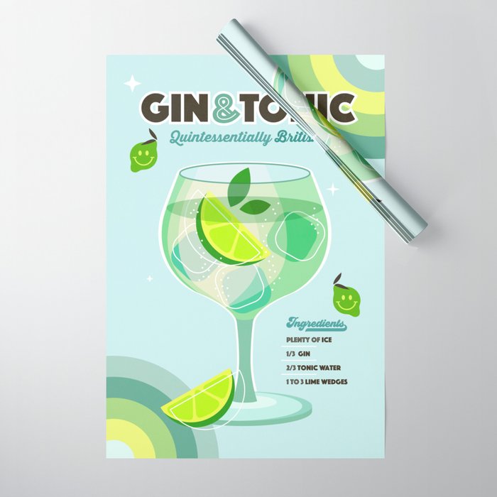 Gin and Tonic Retro Cocktail - Aqua blue green Wrapping Paper Gallery Image 1