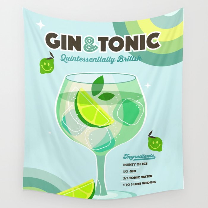 Gin and Tonic Retro Cocktail - Aqua blue green Wall Tapestry Gallery Image 4
