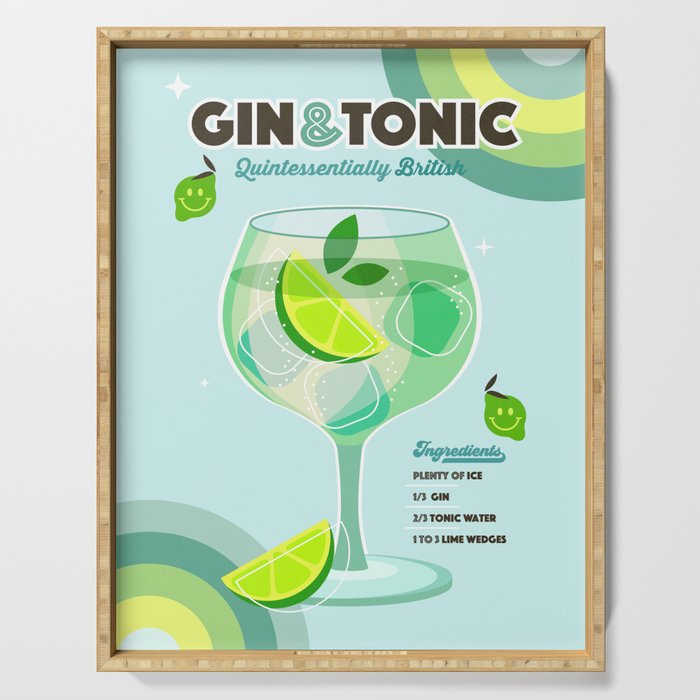 Gin and Tonic Retro Cocktail - Aqua blue green Serving Tray Gallery Image 1