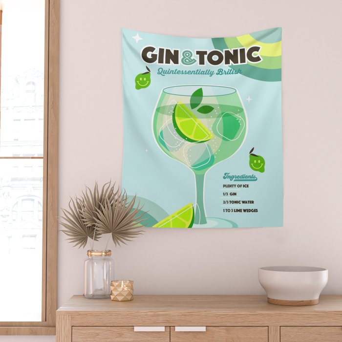 Gin and Tonic Retro Cocktail - Aqua blue green Wall Tapestry Gallery Image 2