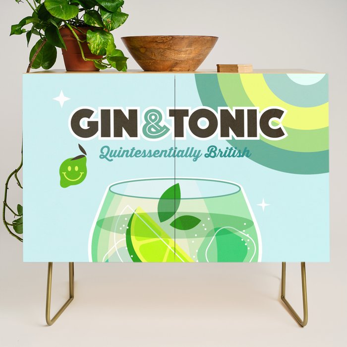 Gin and Tonic Retro Cocktail - Aqua blue green Credenza Gallery Image 1