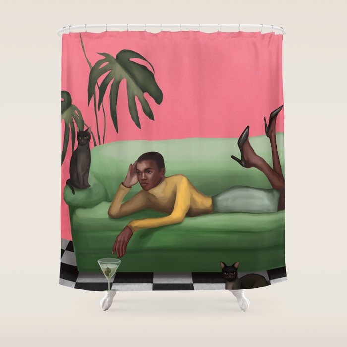 Martini and Monstera Shower Curtain Gallery Image 1