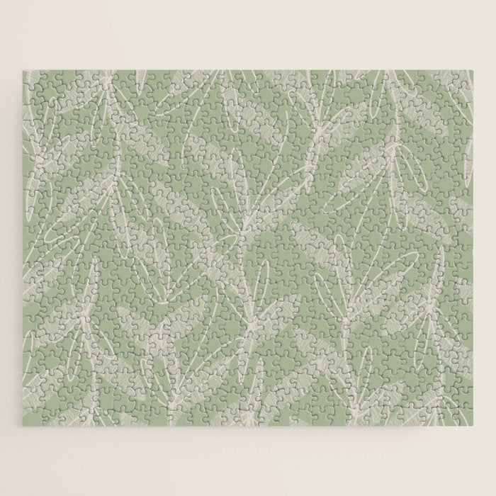 Retro Botanical Pattern Sage Green Jigsaw Puzzle Gallery Image 1