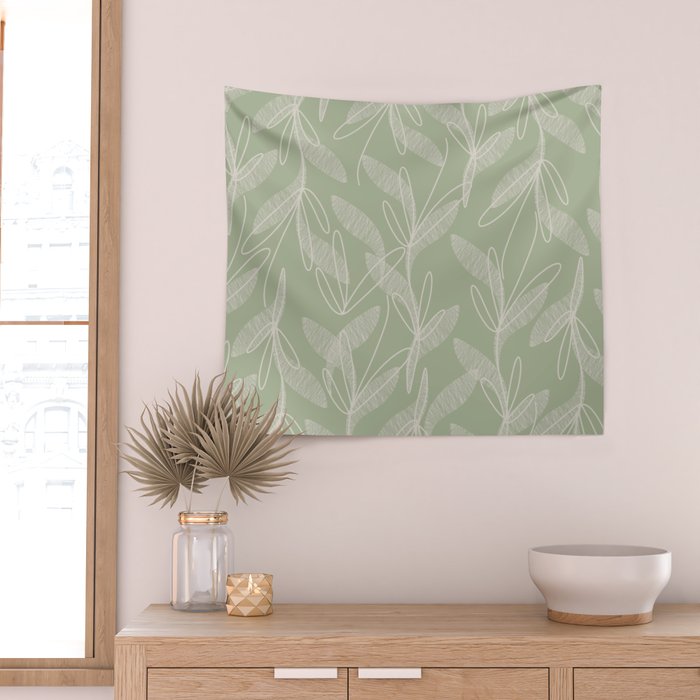 Retro Botanical Pattern Sage Green Wall Tapestry Gallery Image 2
