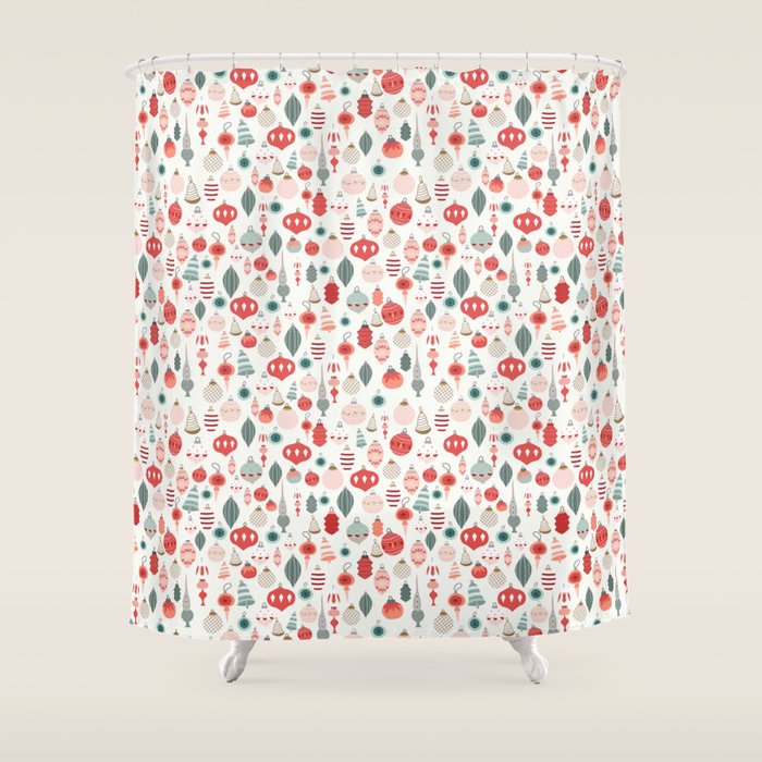 Vintage Christmas baubles white background Shower Curtain Gallery Image 1