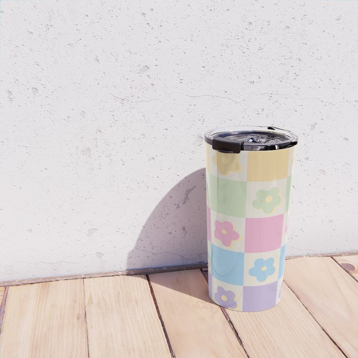 Checkered Flower Power Danish Pastel Rainbow Tones Travel Mug Gallery Image 4