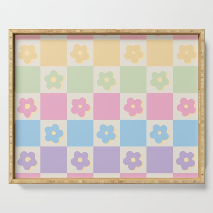 Checkered Flower Power Danish Pastel Rainbow Tones Serving Tray Gallery Image 1