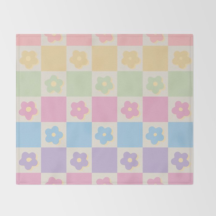 Checkered Flower Power Danish Pastel Rainbow Tones Throw Blanket Gallery Image 2