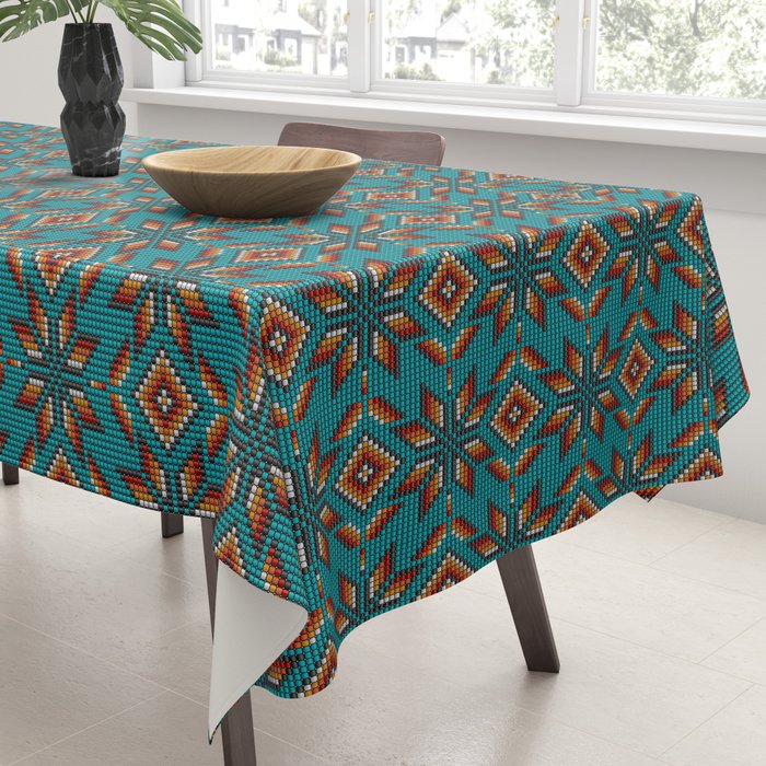 Modern colorful beaded boho aztec kilim pattern on teal Tablecloth Gallery Image 3