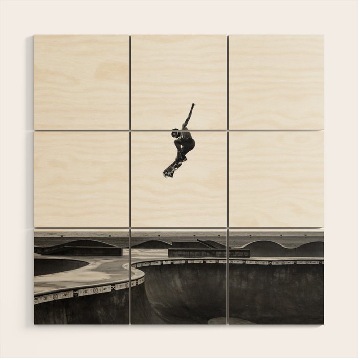 Air - Skateboarding at Venice Beach, Black and White Photography Wood Wall Art Gallery Image 1