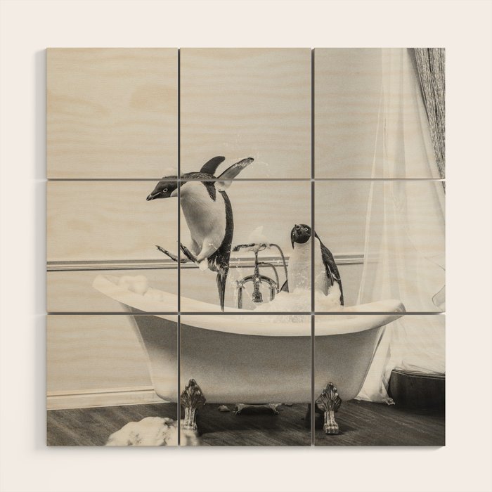 Penguin Taking a Bath Wood Wall Art