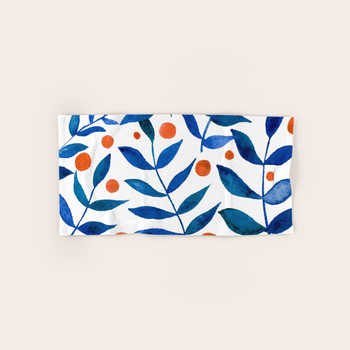Watercolor berries and branches - blue and orange Bath Towel Gallery Image 1