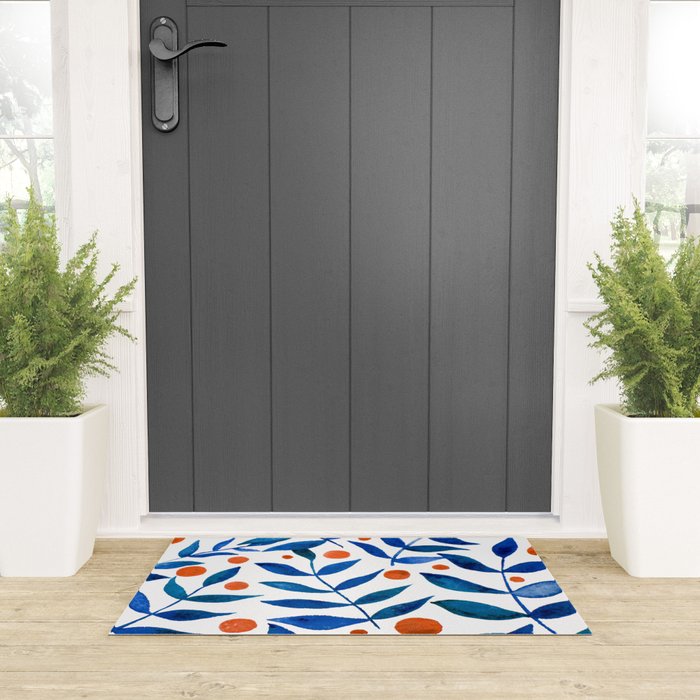 Watercolor berries and branches - blue and orange Welcome Mat Gallery Image 3