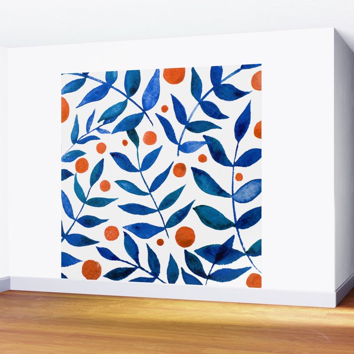 Watercolor berries and branches - blue and orange Wall Mural Gallery Image 2