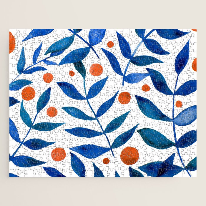 Watercolor berries and branches - blue and orange Jigsaw Puzzle Gallery Image 1
